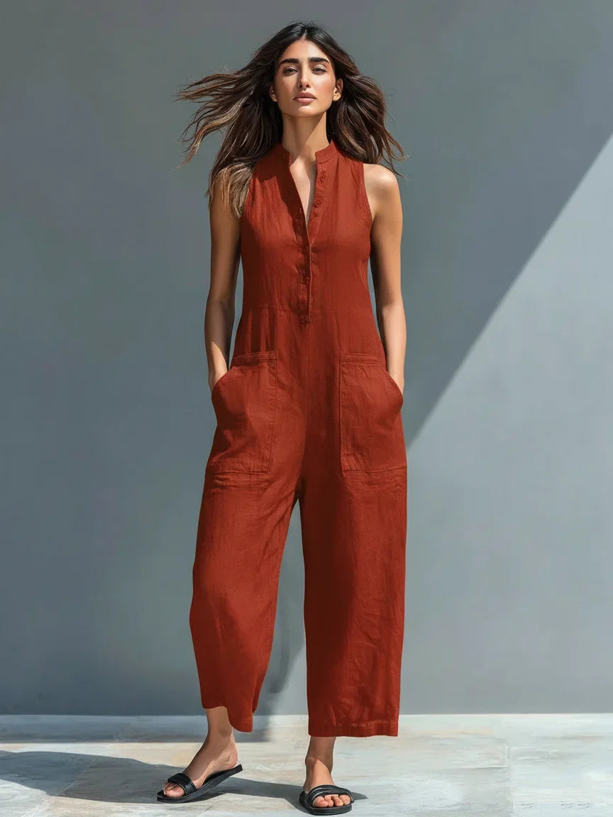 Elegant sleeveless wide leg women's jumpsuit, button front detail, perfect for comfortable summer fashion.