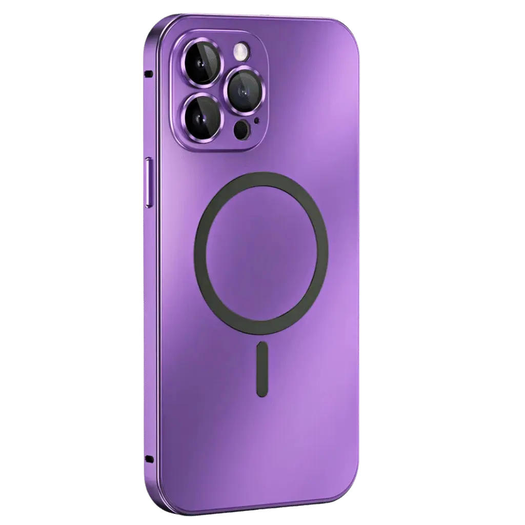 Full-coverage magnetic metal iPhone case, slim profile, robust protection for your device.