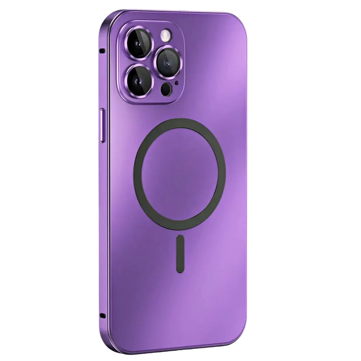 Full-coverage magnetic metal iPhone case, slim profile, robust protection for your device.
