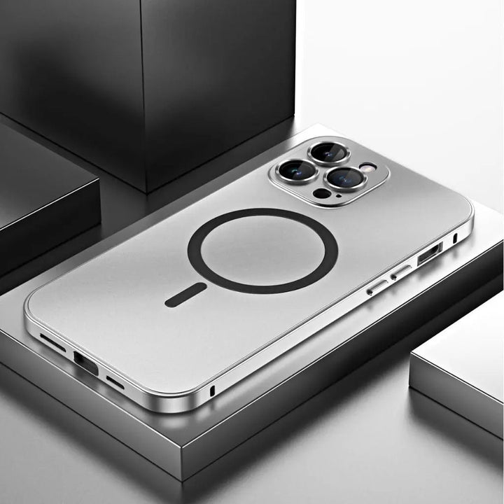 Everyday durable magnetic metal iPhone case, slim fit, essential phone protection.