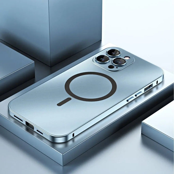 Advanced protection magnetic metal iPhone case, slim profile, unisex phone accessory.