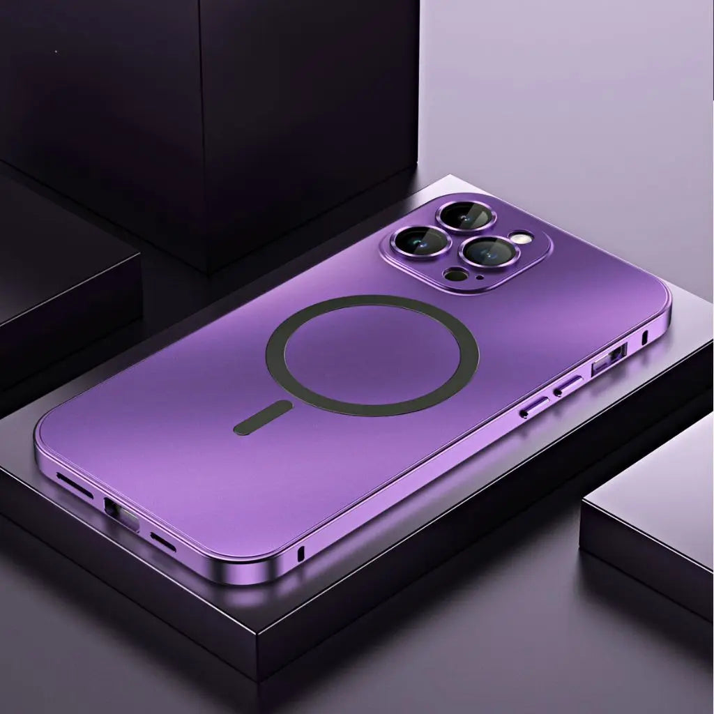 Protective MagSafe compatible metal iPhone case, sleek design & durable finish.