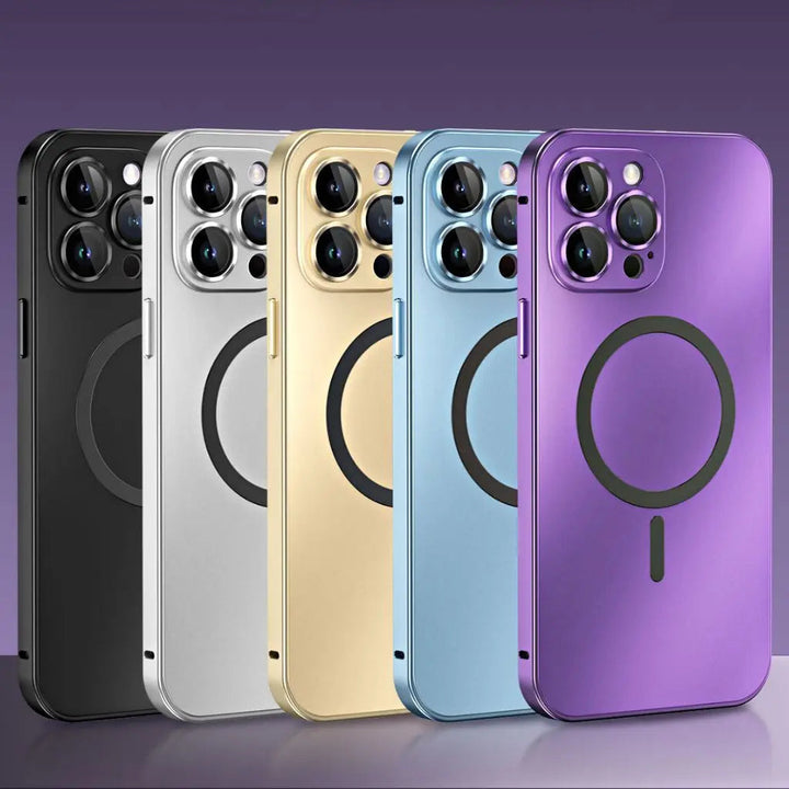 Durable magnetic metal iPhone case, slim profile, offers superior phone protection.
