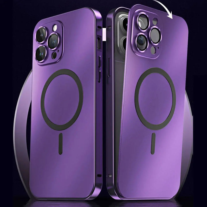 Premium magnetic metal iPhone case, slim & strong protection for your device.