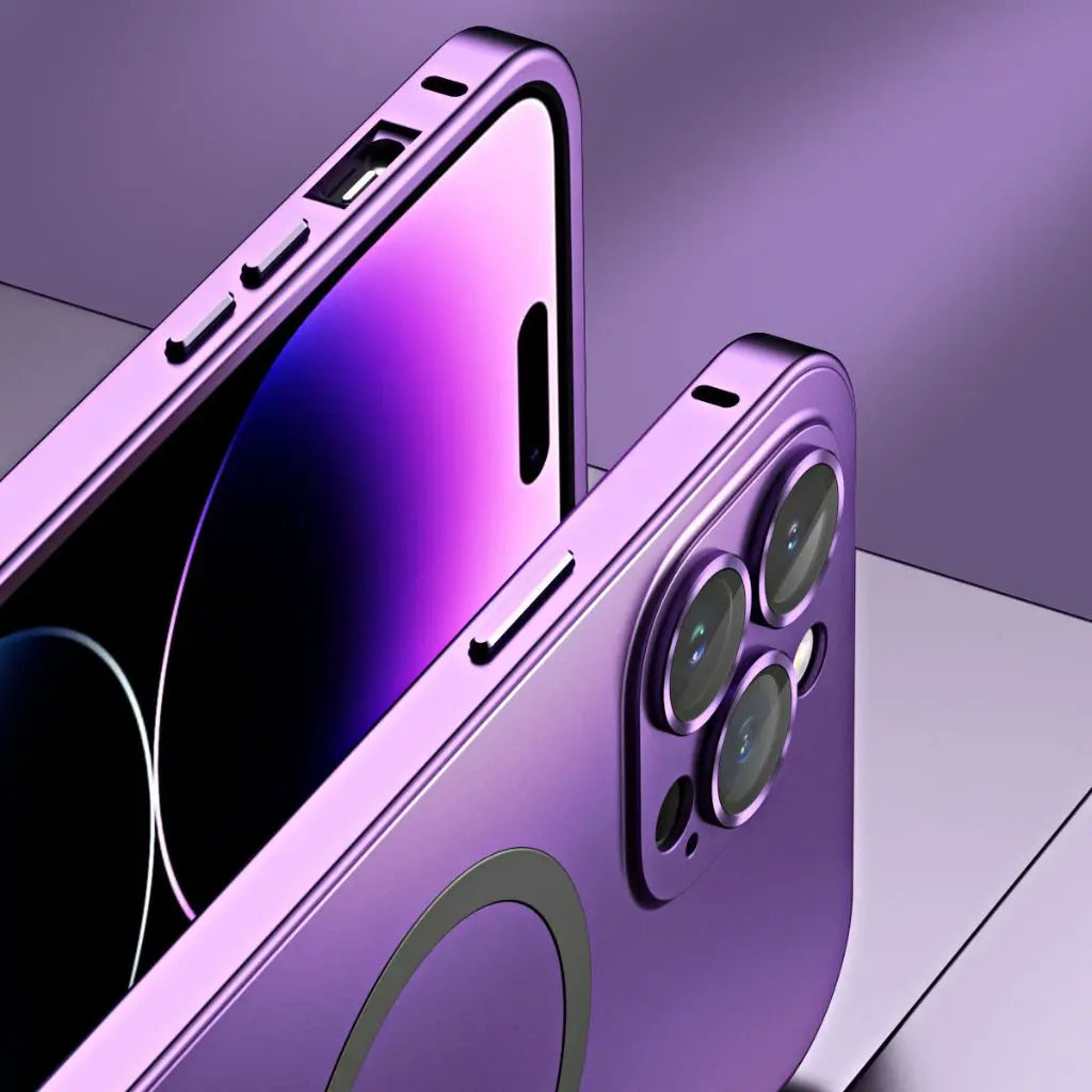 Stylish protective magnetic metal iPhone case, sleek phone cover, unisex design.