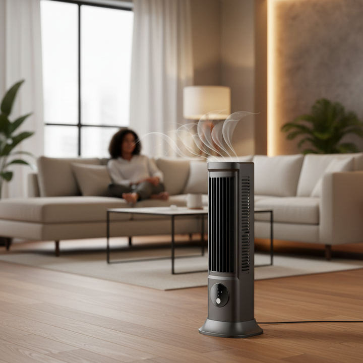 Slim white portable tower fan with remote control for efficient home & office cooling. Quiet oscillating air circulation.