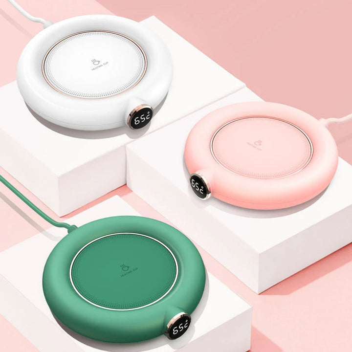 Smart digital mug warmer plate, adjustable temp. Keeps coffee/tea hot. USB powered, white/pink, perfect for home/office.