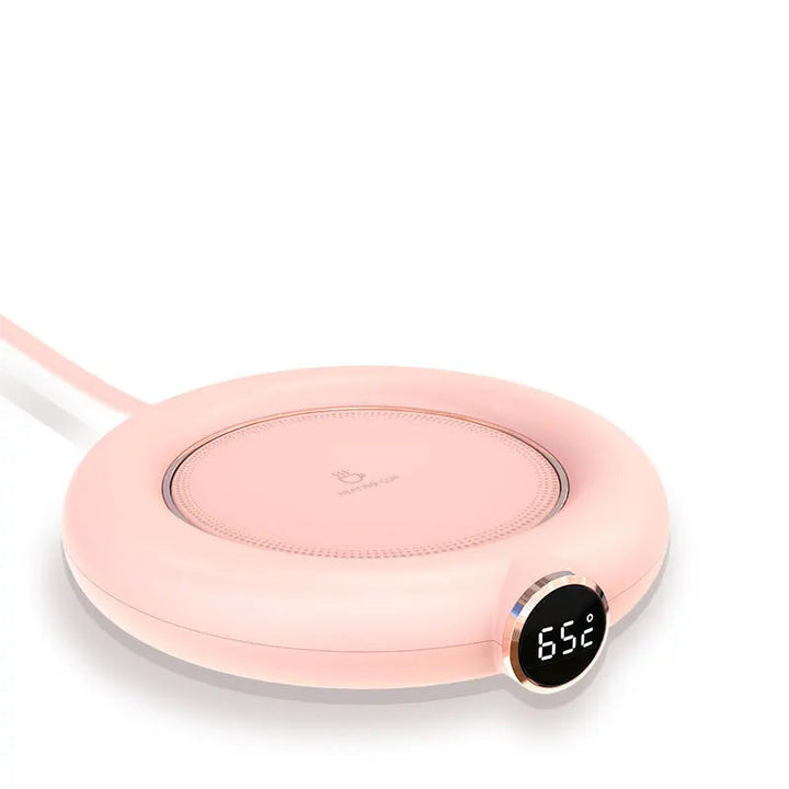 Portable smart mug warmer, adjustable temperature for coffee/tea. USB powered, compact design for office or travel use.