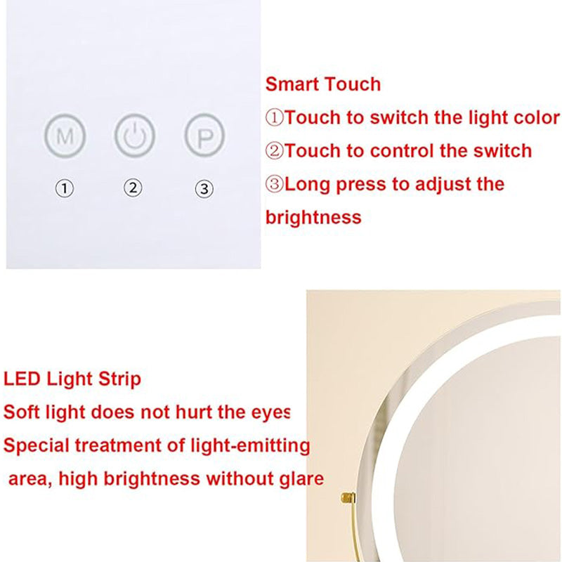 Rechargeable LED makeup mirror, touch control, 3 light settings for home or travel.