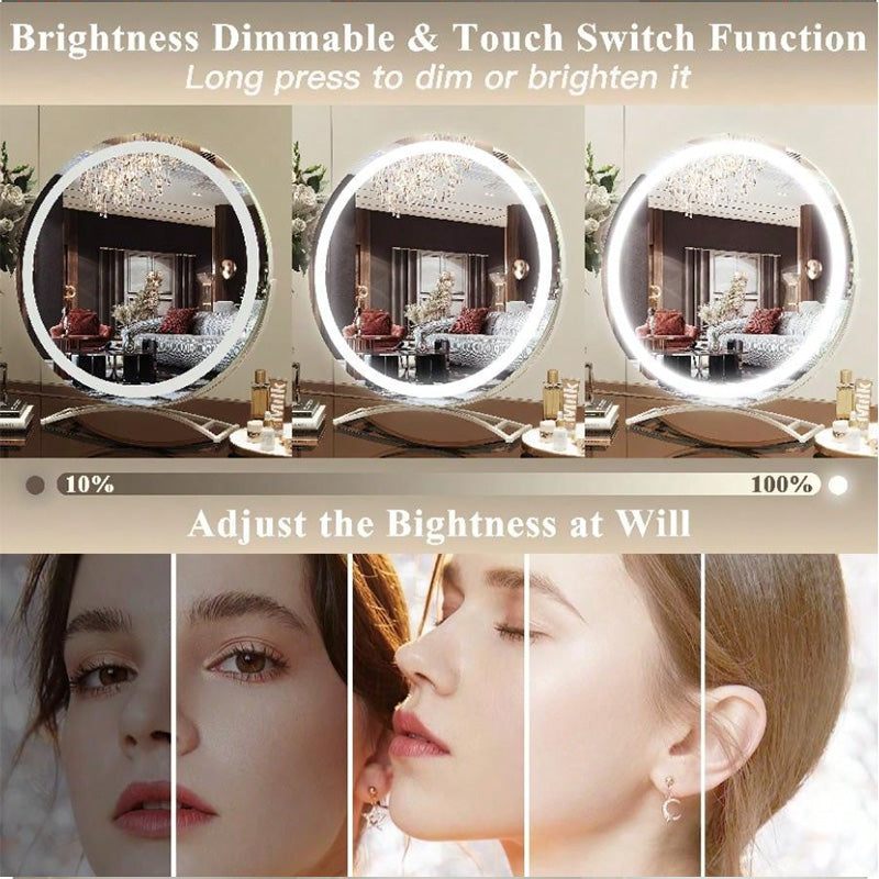 Cosmetic LED mirror featuring 3 dimmable light modes & sleek touch sensor.