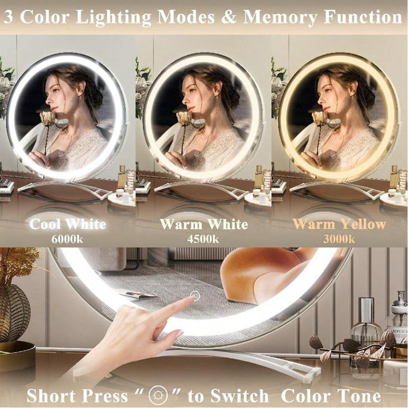 Portable LED vanity mirror with rechargeable battery & 3 adjustable light settings.