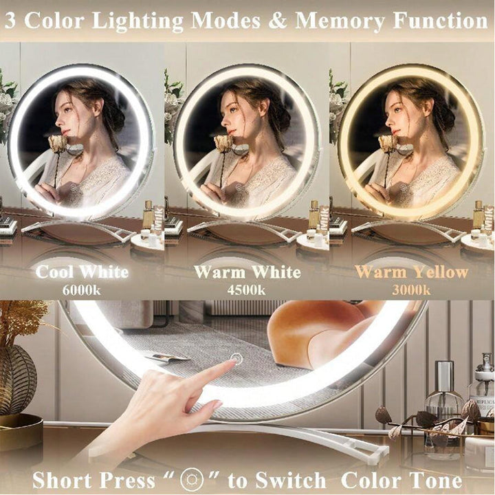 Portable LED vanity mirror with rechargeable battery & 3 adjustable light settings.
