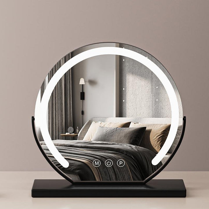 LED makeup mirror featuring adjustable lighting & touch controls, perfect for cosmetic use on a dressing table.