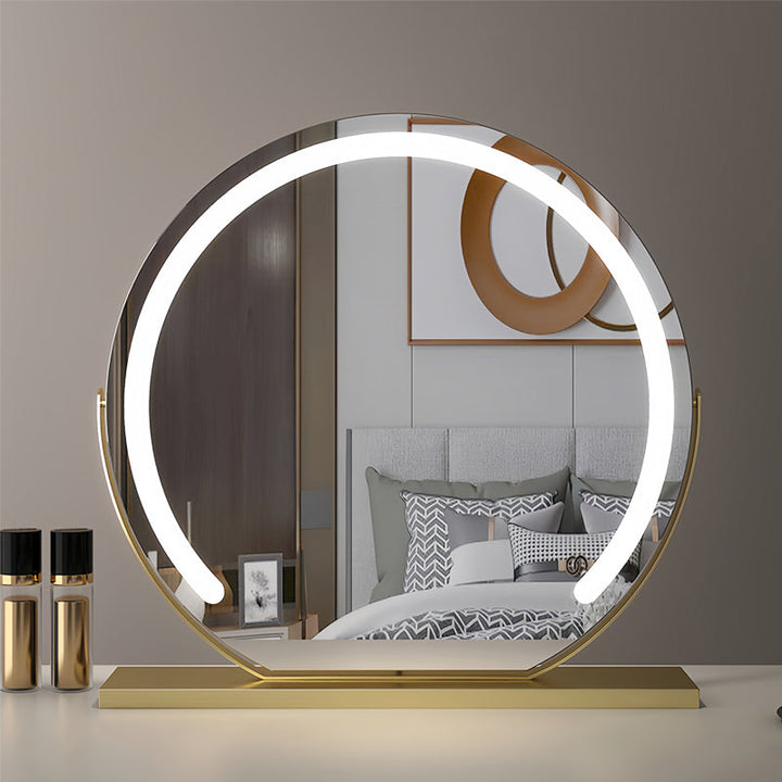 Woman applying makeup using a smart LED vanity mirror with touch controls and adjustable lighting.