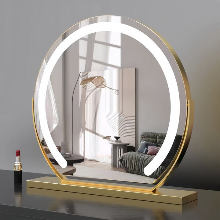 Modern LED vanity mirror on a dressing table, with touch controls for perfect makeup and home decor.