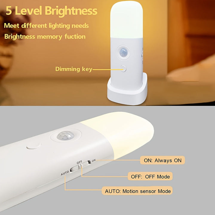 Adjustable brightness LED night light, rechargeable, perfect for bedrooms, nurseries, or any dim area.