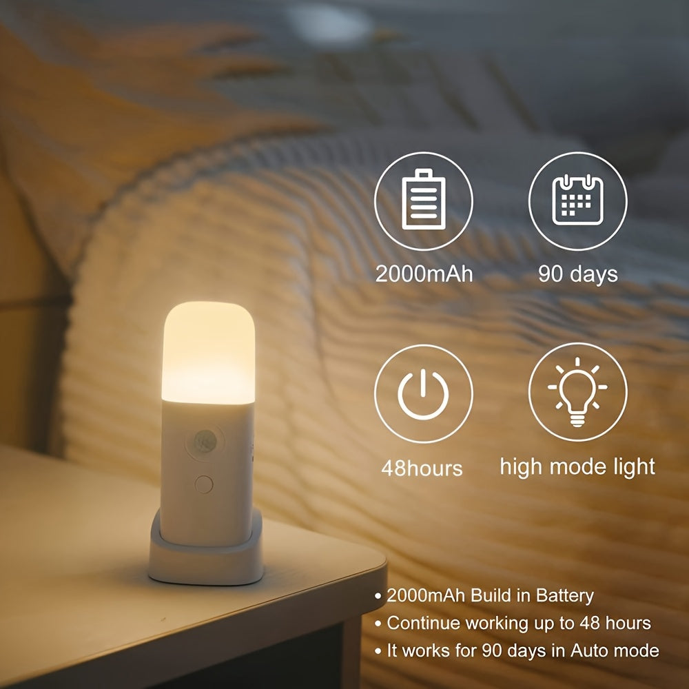 Warm white LED motion sensor night light, USB rechargeable, offers a soft, comforting glow for nighttime.