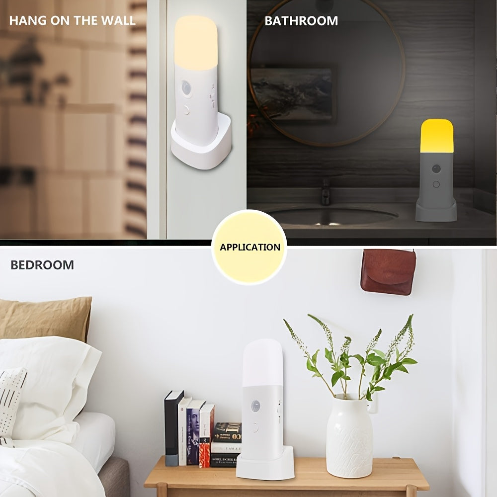 Hands-free smart LED night light, USB rechargeable, offers adjustable, soft lighting for home safety.