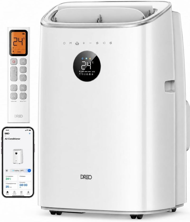 Smart portable air conditioner for home cooling, featuring personal climate control & mobile app integration.