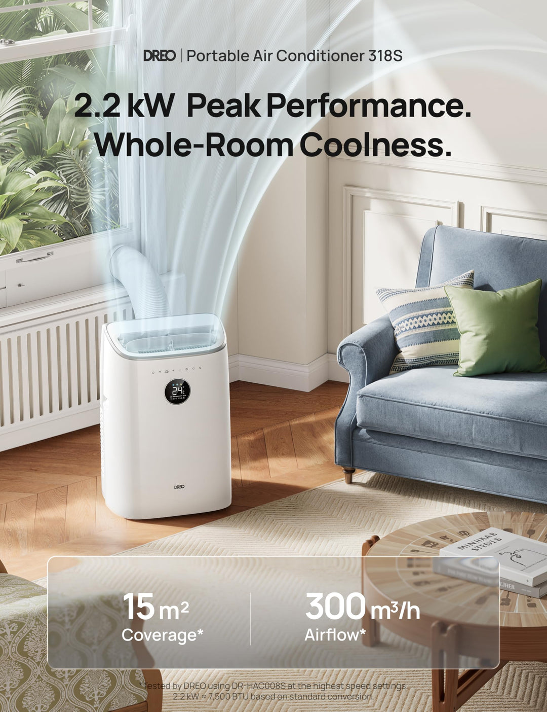 Wi-Fi enabled smart portable AC with personal climate control, app remote, and quiet cooling for summer comfort.
