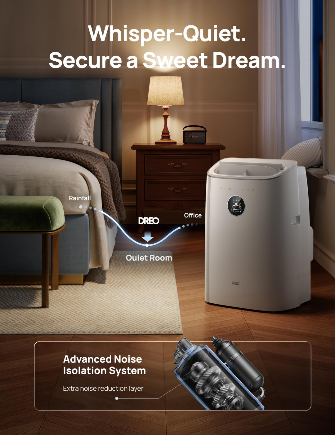 Quiet smart portable air conditioner, delivering personal climate control and powerful cooling for ultimate summer comfort.