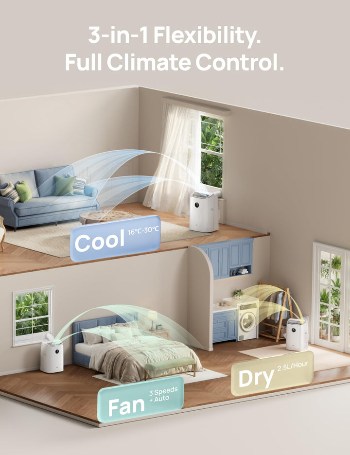 Sleek home smart portable air conditioner providing efficient personal climate control, cooling, and dehumidification.