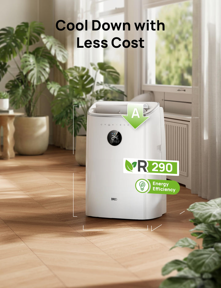 Efficient portable smart air conditioner. Cools, dehumidifies, and circulates air with mobile app climate control.