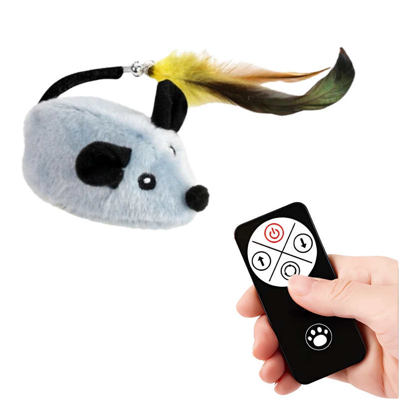 Grey plush interactive cat toy, perfect for remote-controlled pet exercise and fun.