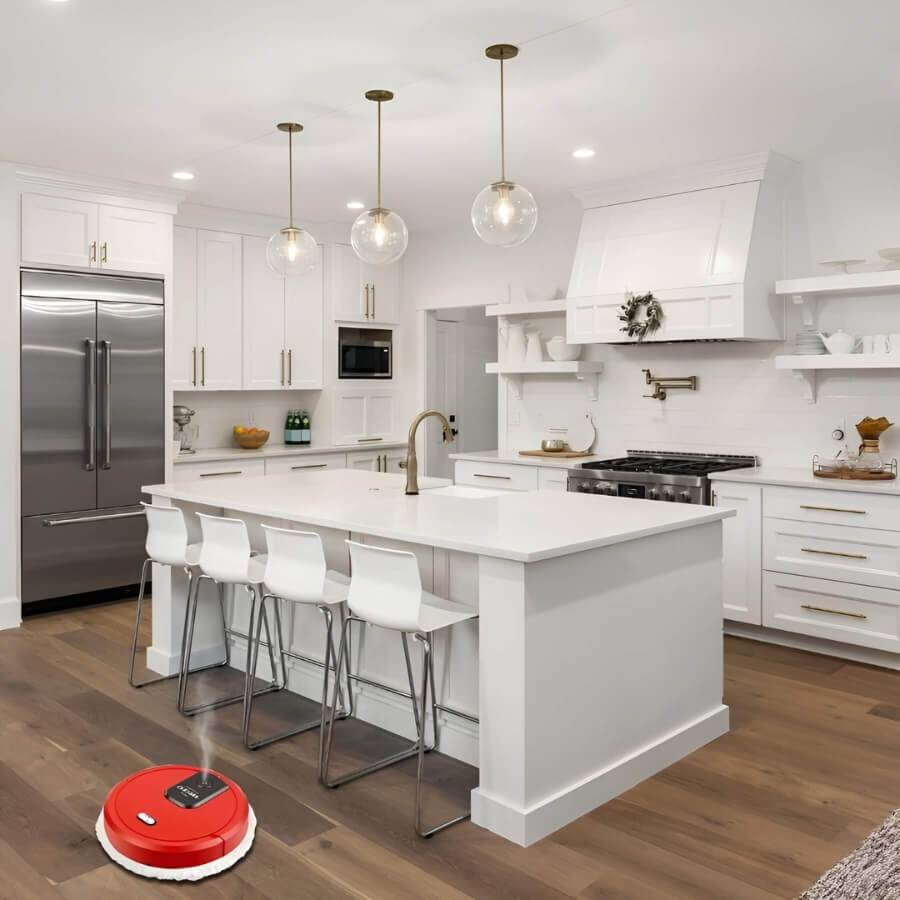 Automatic cleaner robot mop removing dust from tile floors, smart home appliance.