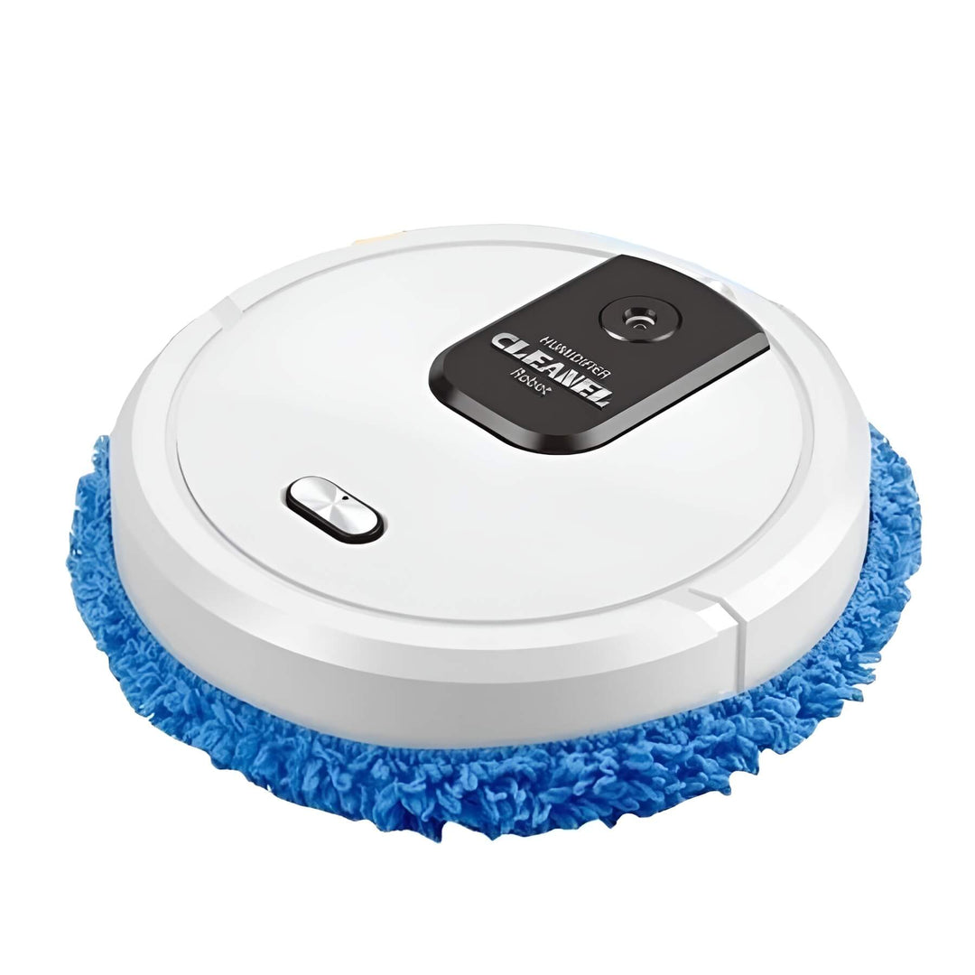 Wireless automatic cleaner robot performing dust removal on laminate flooring.