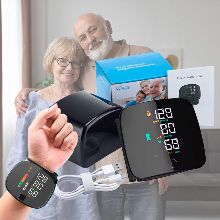 Smart unisex wrist blood pressure monitor with clear voice alerts for easy hypertension management.