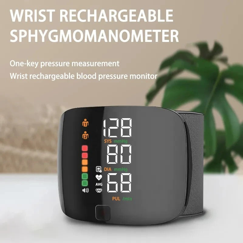 Unisex smart wrist blood pressure monitor, essential wellness device for daily heart health & hypertension.
