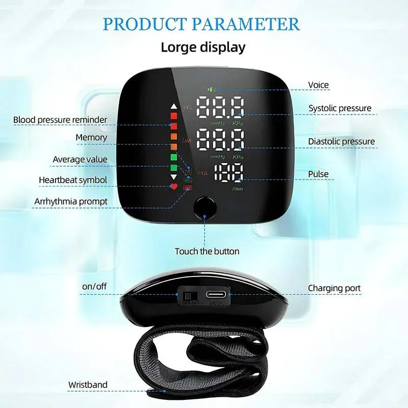 Advanced smart wrist BP monitor with digital display & voice guidance for accurate blood pressure readings.