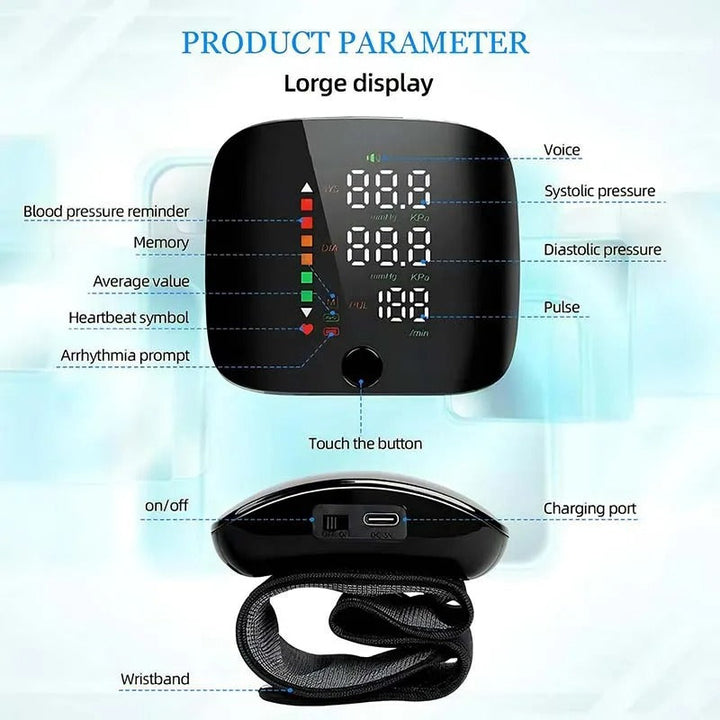 Advanced smart wrist BP monitor with digital display & voice guidance for accurate blood pressure readings.