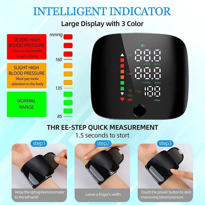 Compact wrist blood pressure monitor, perfect for managing heart health with smart features & voice alerts.