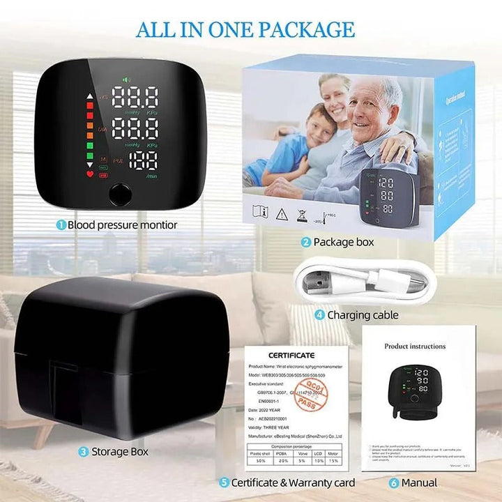 User-friendly wrist BP monitor for wellness, featuring instant voice alerts & accurate blood pressure tracking.