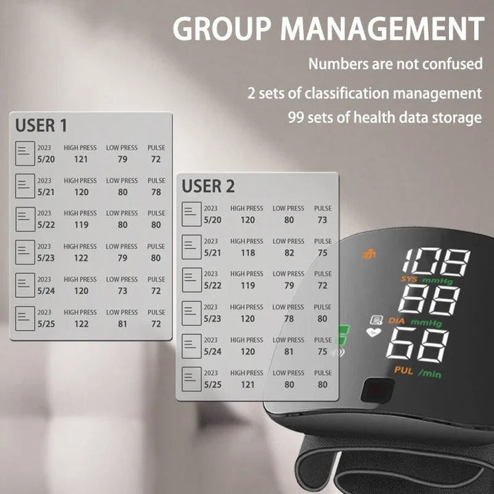 Sleek smart wrist blood pressure monitor, a portable device for effective daily hypertension management.