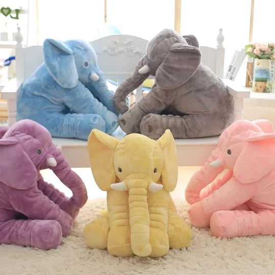 Cozy baby elephant plushie. This soft stuffed animal is a lovely nursery decor piece & a comforting baby toy.