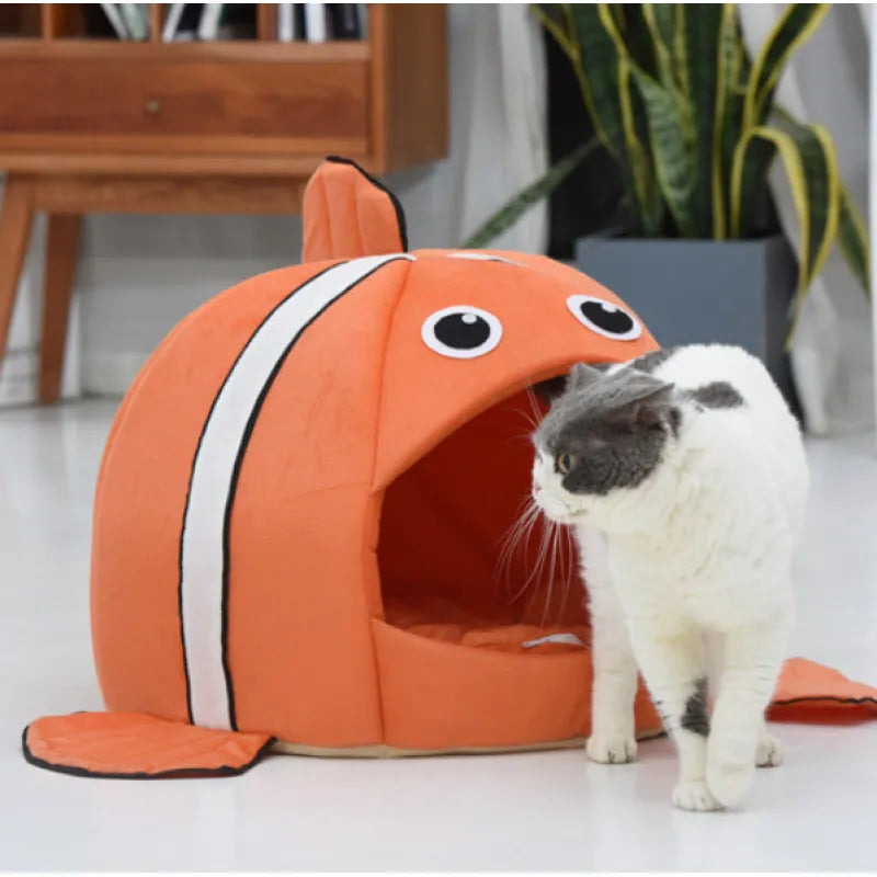 Soft fish design cat bed, cozy feline cave for ultimate pet comfort.