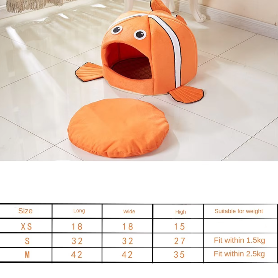 Plush fish-shaped cat cave, soft pet bed for cozy feline relaxation and comfort.