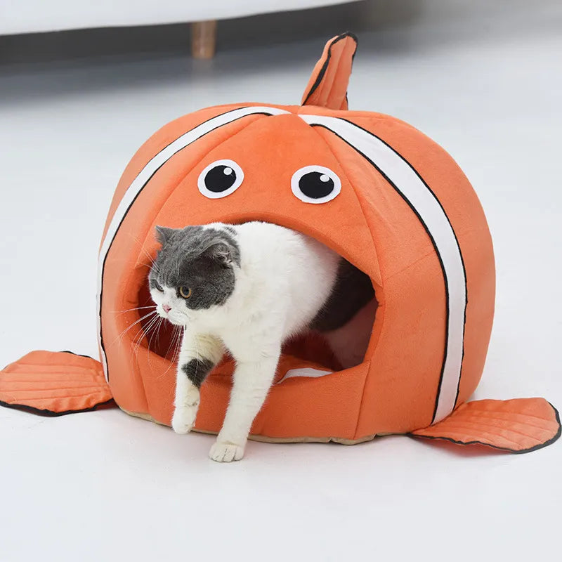 Washable cozy cat bed, soft fish design pet cave, ideal feline furniture for comfort.