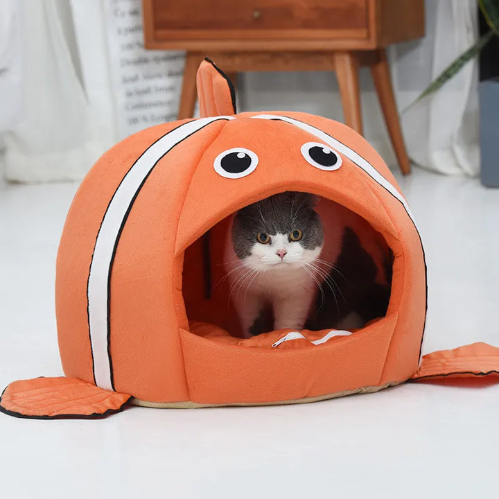 Stylish fish design pet bed, a cozy soft cat cave offering feline comfort and warmth.