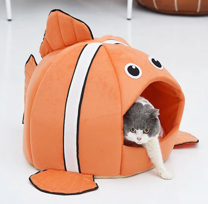 Deep cozy cat cave bed, super soft fish design for feline comfort & secure pet relaxation.