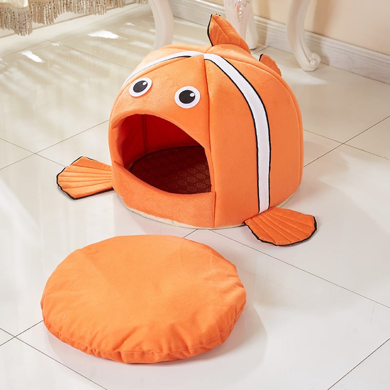 Warm and secure fish design cat bed, a soft pet cave for cozy feline furniture.