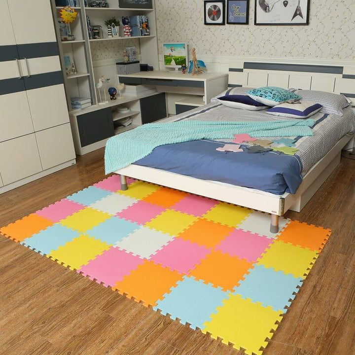 Soft interlocking puzzle play mat for kids, cushioned & safe for toddlers' rooms.
