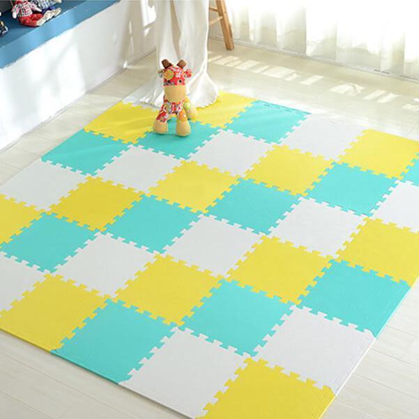 Toddler safe puzzle mat, soft foam tiles for children's room flooring & play.