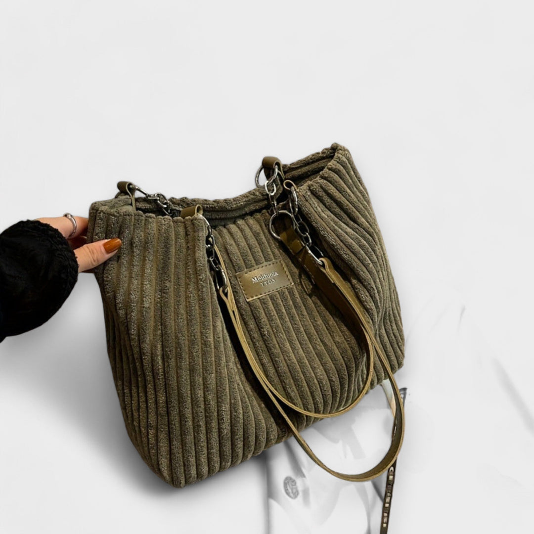 Soft khaki corduroy shoulder bag for women, ideal everyday casual style and versatile fashion accessory.