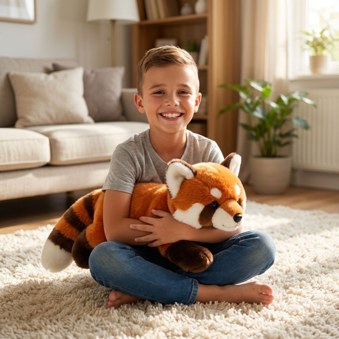 Soft red panda long comfort toy, a cozy companion for relaxation.