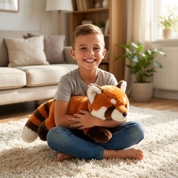 Soft red panda long comfort toy, a cozy companion for relaxation.