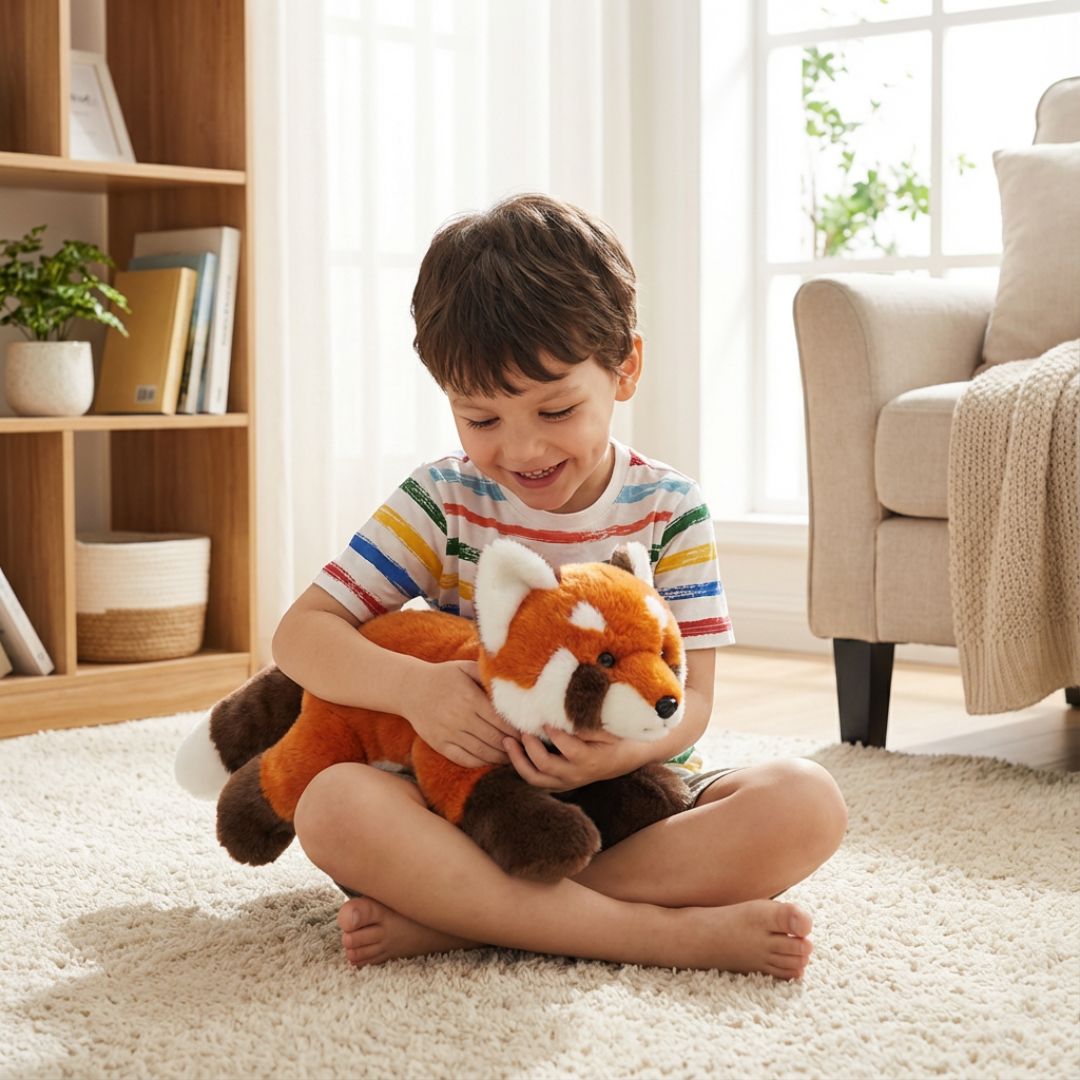 Long raccoon plush animal, a soft cuddle toy for bedroom decor & relaxation.